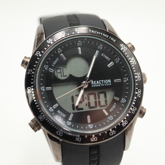Kenneth Cole Reaction Mens 45mm AnaDigi Watch Black Alarm Chrono w New Battery - Picture 12 of 14